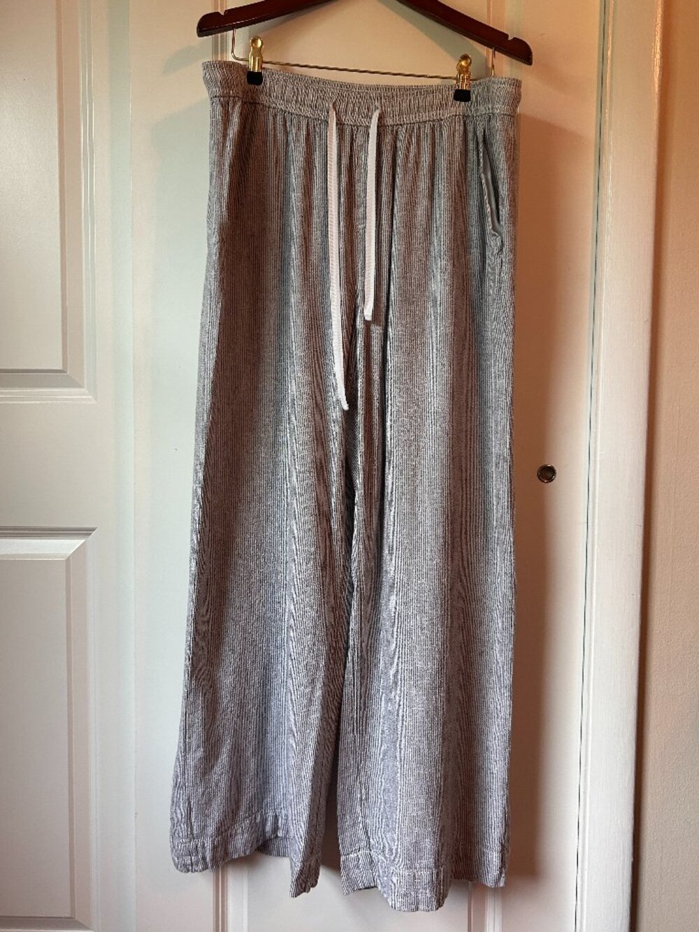 Briggs Linen Blend Pull On Wide Leg Pants Coastal Pinstripe Pockets Size XL